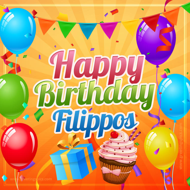 Happy Birthday Filippos eCard with gift box and cupcake (square shape image)