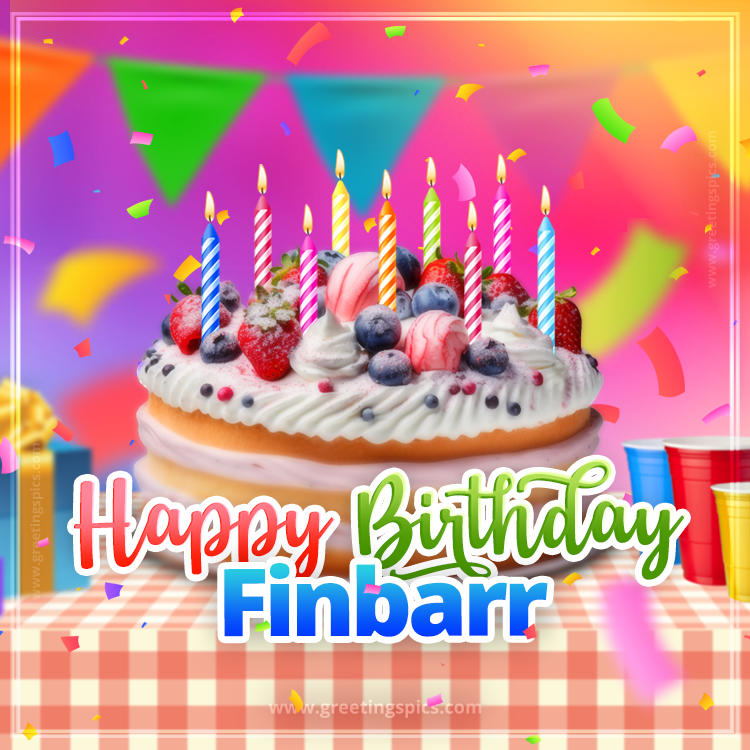 Happy Birthday Finbarr Colorful Image with fruit cake and candles (square shape image)