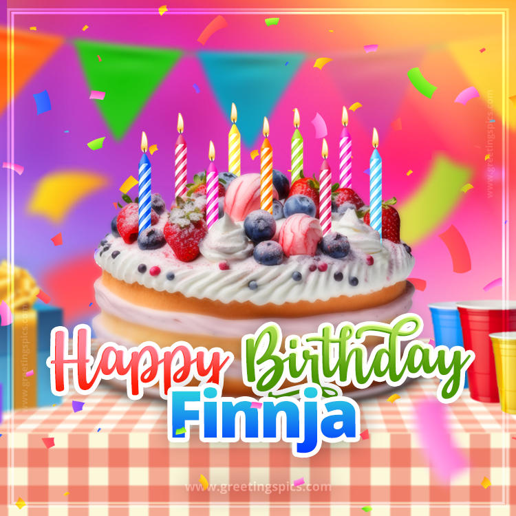 Happy Birthday Finnja Colorful Image with fruit cake and candles (square shape image)