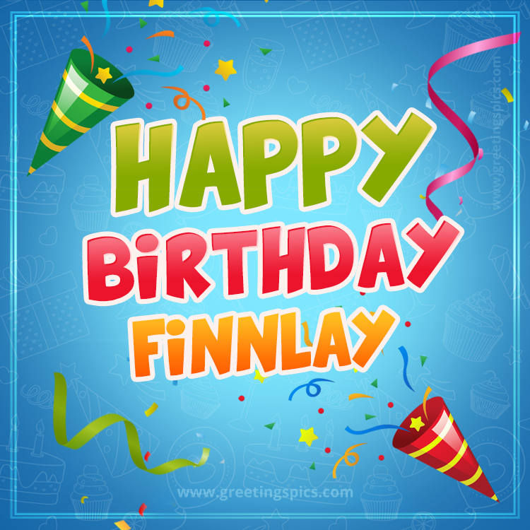 Happy Birthday Finnlay picture with confetti and party poppers (square shape image)