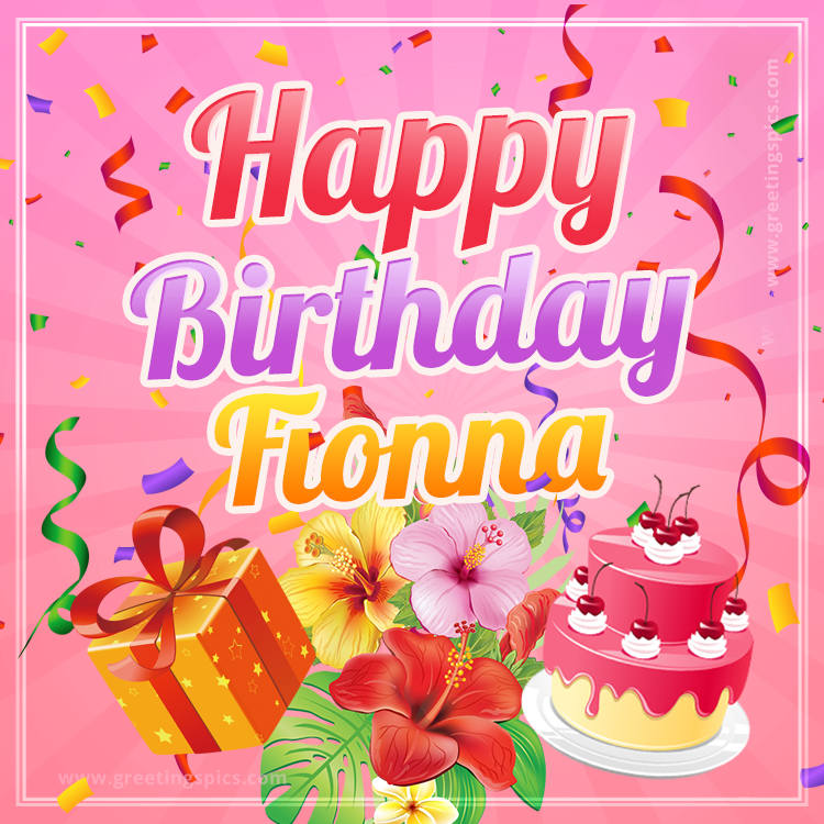 Beautiful Birthday Card for Fionna with Cake and bouquet of flowers (square shape image)