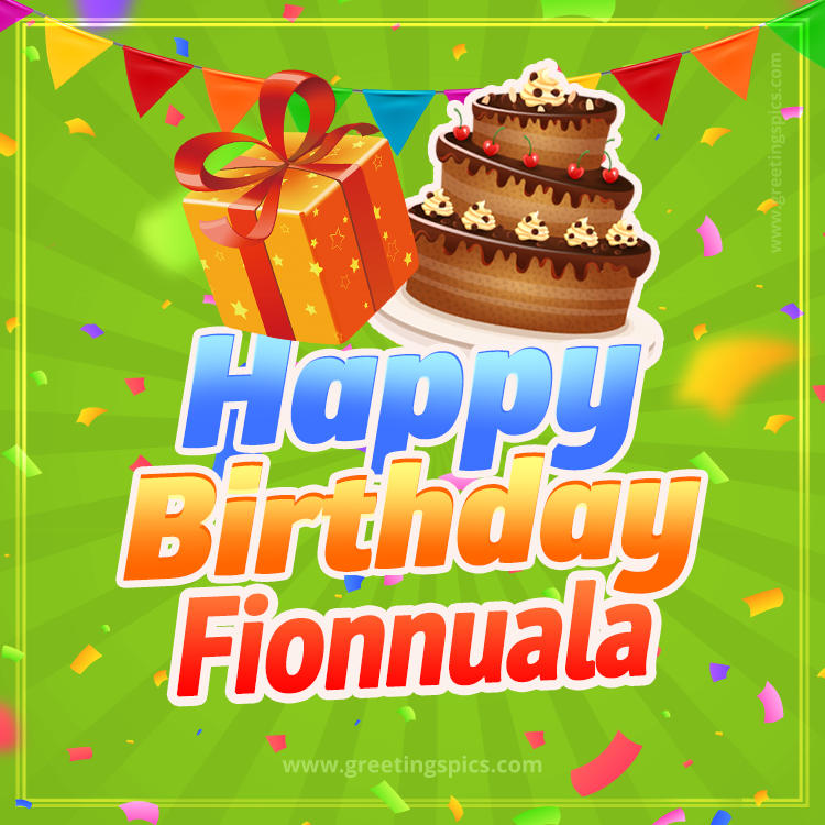 Happy Birthday Fionnuala picture with flags, chocolate cake and gift box (square shape image)