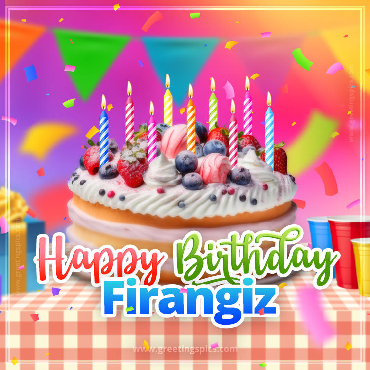 Happy Birthday Firangiz Colorful Image with fruit cake and candles (square shape image)