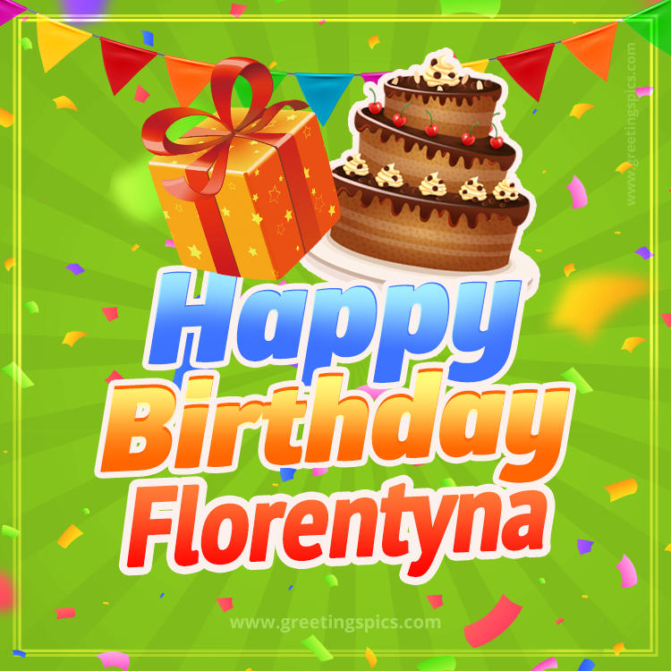 Happy Birthday Florentyna picture with flags, chocolate cake and gift box (square shape image)