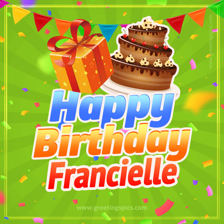 Happy Birthday Francielle picture with flags, chocolate cake and gift box (square shape image)