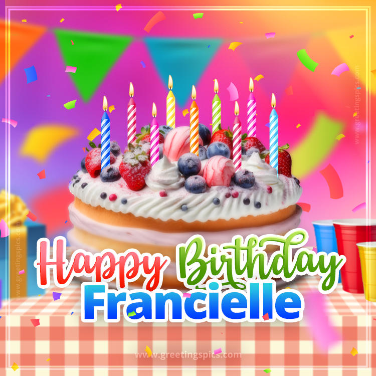 Happy Birthday Francielle Colorful Image with fruit cake and candles (square shape image)