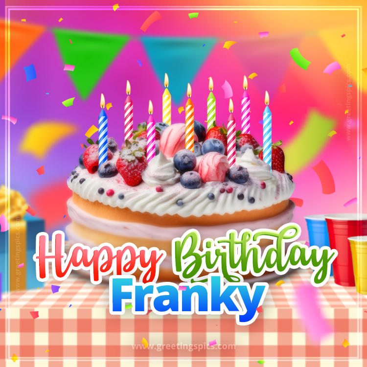 Happy Birthday Franky Colorful Image with fruit cake and candles (square shape image)