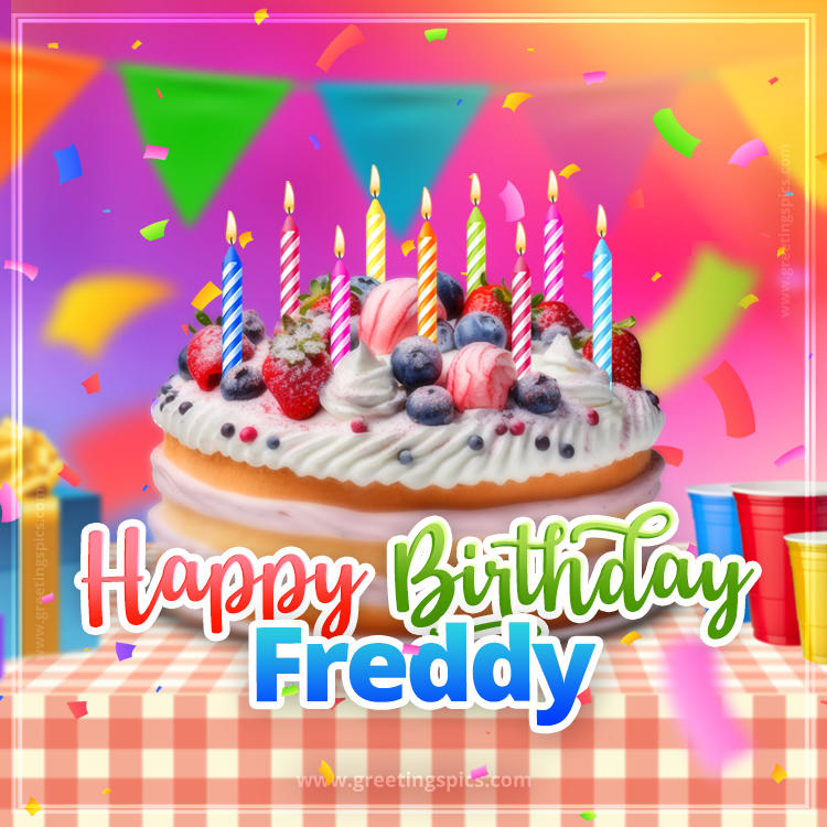 Happy Birthday Freddy Colorful Image with fruit cake and candles (square shape image)