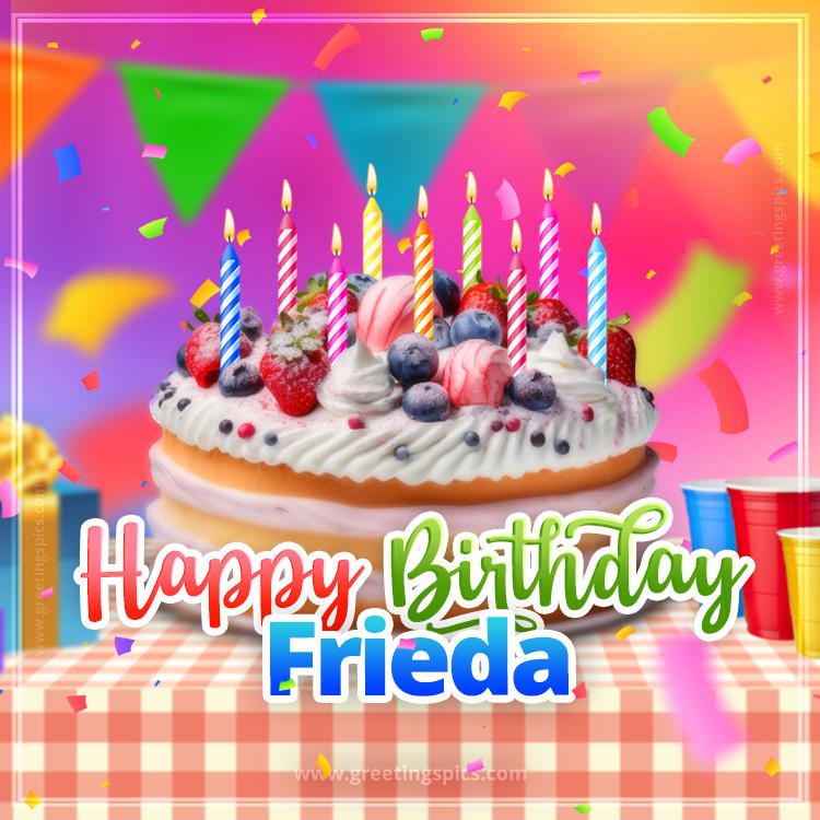 Happy Birthday Frieda Colorful Image with fruit cake and candles (square shape image)