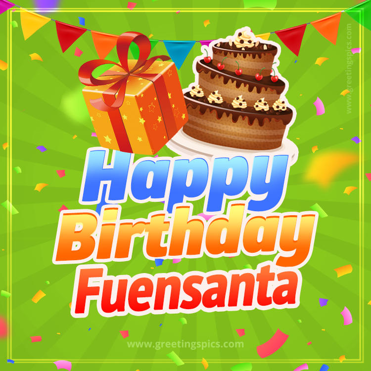 Happy Birthday Fuensanta picture with flags, chocolate cake and gift box (square shape image)