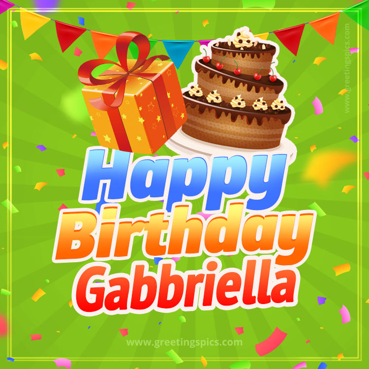 Happy Birthday Gabbriella picture with flags, chocolate cake and gift box (square shape image)