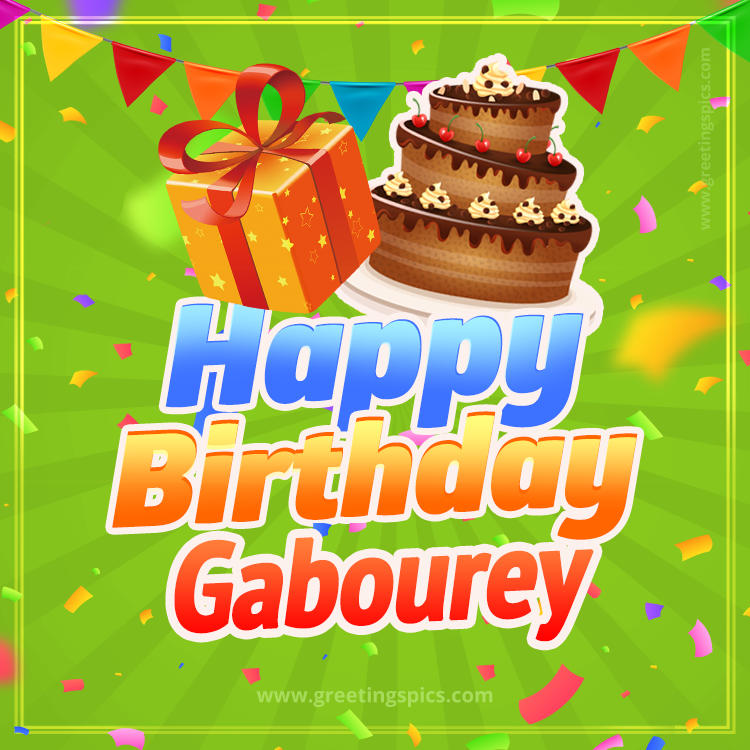 Happy Birthday Gabourey picture with flags, chocolate cake and gift box (square shape image)