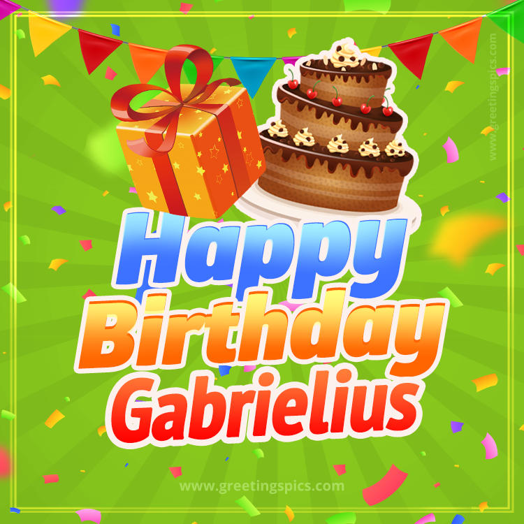 Happy Birthday Gabrielius picture with flags, chocolate cake and gift box (square shape image)