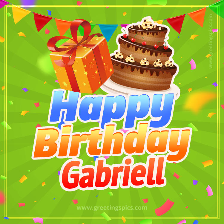 Happy Birthday Gabriell picture with flags, chocolate cake and gift box (square shape image)