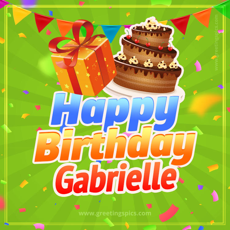 Happy Birthday Gabrielle picture with flags, chocolate cake and gift box (square shape image)