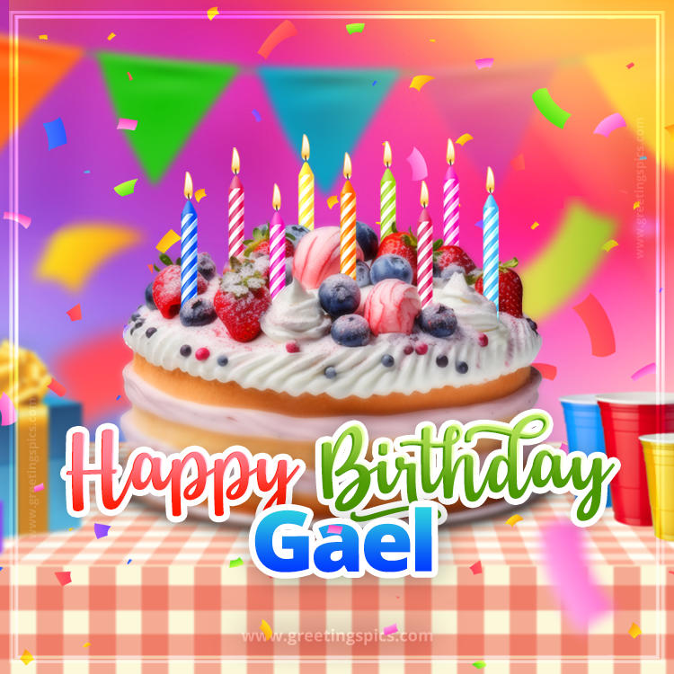 Happy Birthday Gael Colorful Image with fruit cake and candles (square shape image)