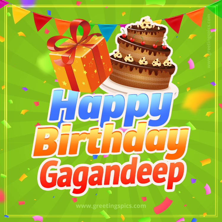 Happy Birthday Gagandeep picture with flags, chocolate cake and gift box (square shape image)