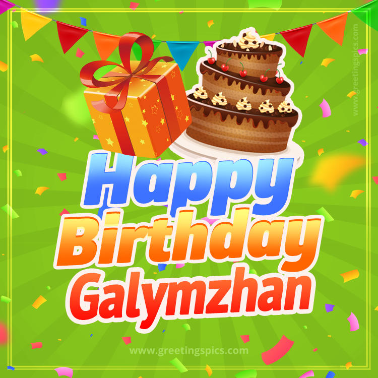 Happy Birthday Galymzhan picture with flags, chocolate cake and gift box (square shape image)