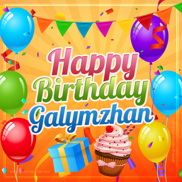 Happy Birthday Galymzhan eCard with gift box and cupcake (square shape image)