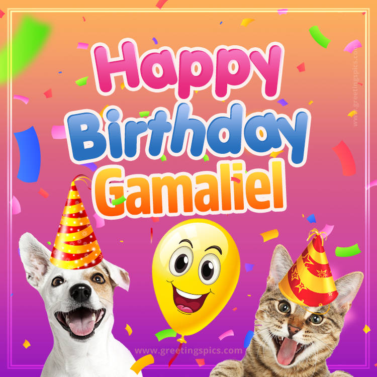 Happy Birthday Gamaliel Funny Image with cat and dog (square shape image)