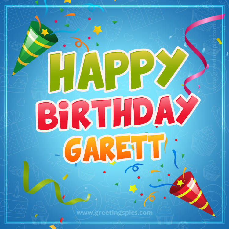 Happy Birthday Garett picture with confetti and party poppers (square shape image)