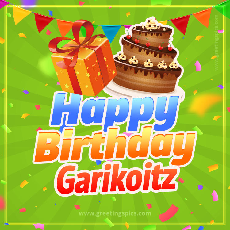 Happy Birthday Garikoitz picture with flags, chocolate cake and gift box (square shape image)