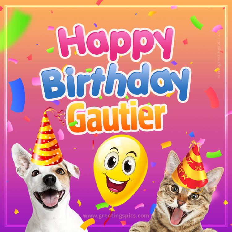 Happy Birthday Gautier Funny Image with cat and dog (square shape image)