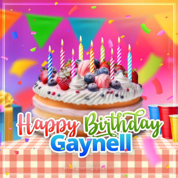 Happy Birthday Gaynell Colorful Image with fruit cake and candles (square shape image)