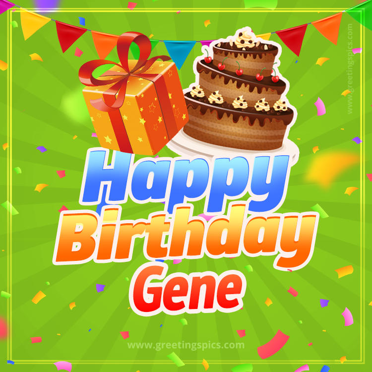 Happy Birthday Gene picture with flags, chocolate cake and gift box (square shape image)