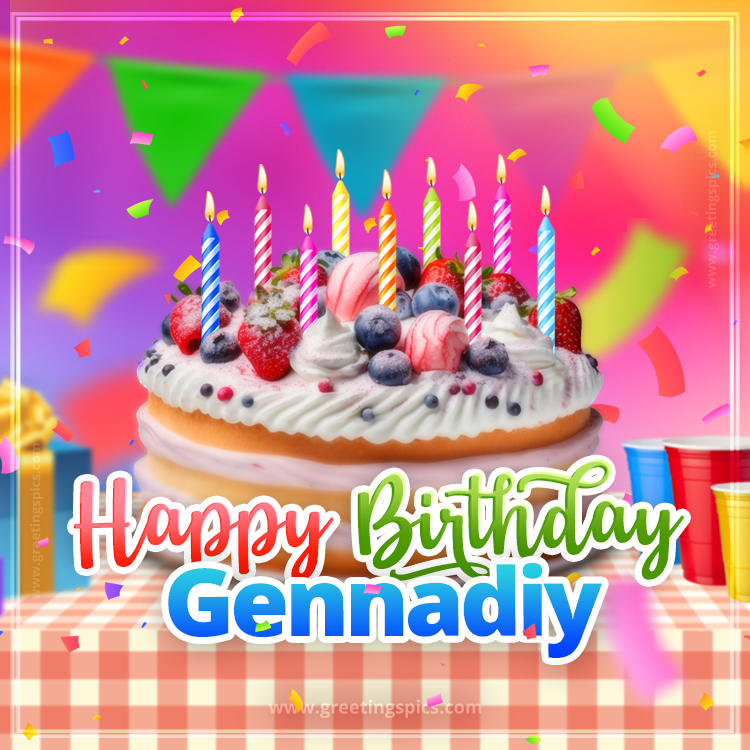 Happy Birthday Gennadiy Colorful Image with fruit cake and candles (square shape image)