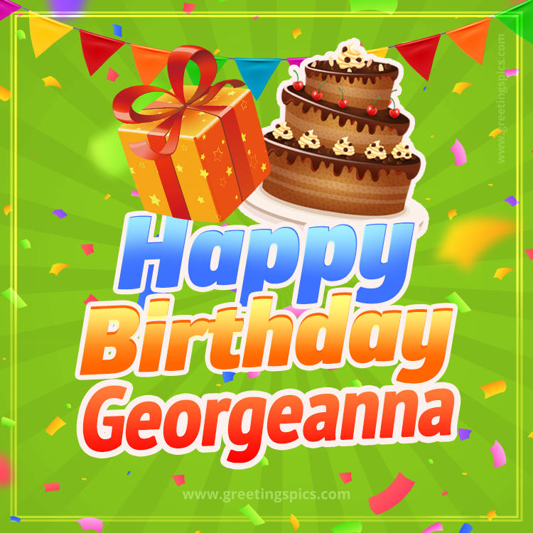 Happy Birthday Georgeanna picture with flags, chocolate cake and gift box (square shape image)