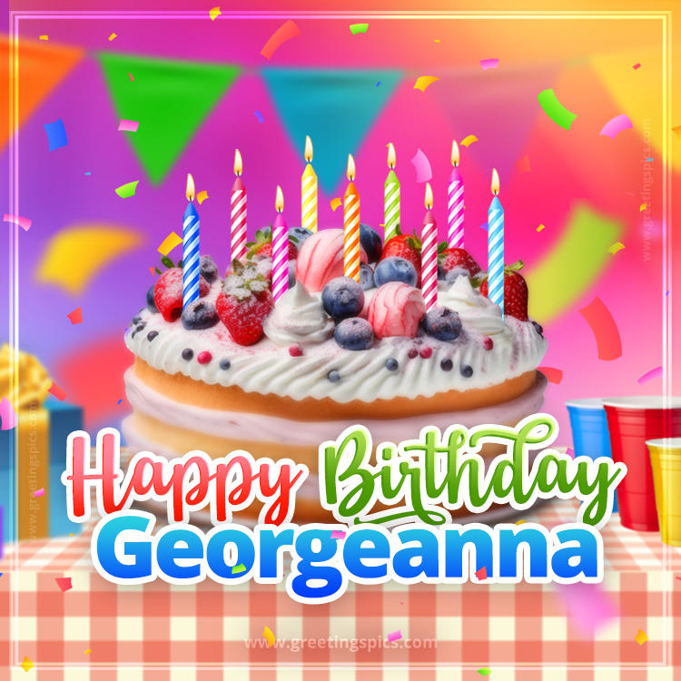 Happy Birthday Georgeanna Colorful Image with fruit cake and candles (square shape image)