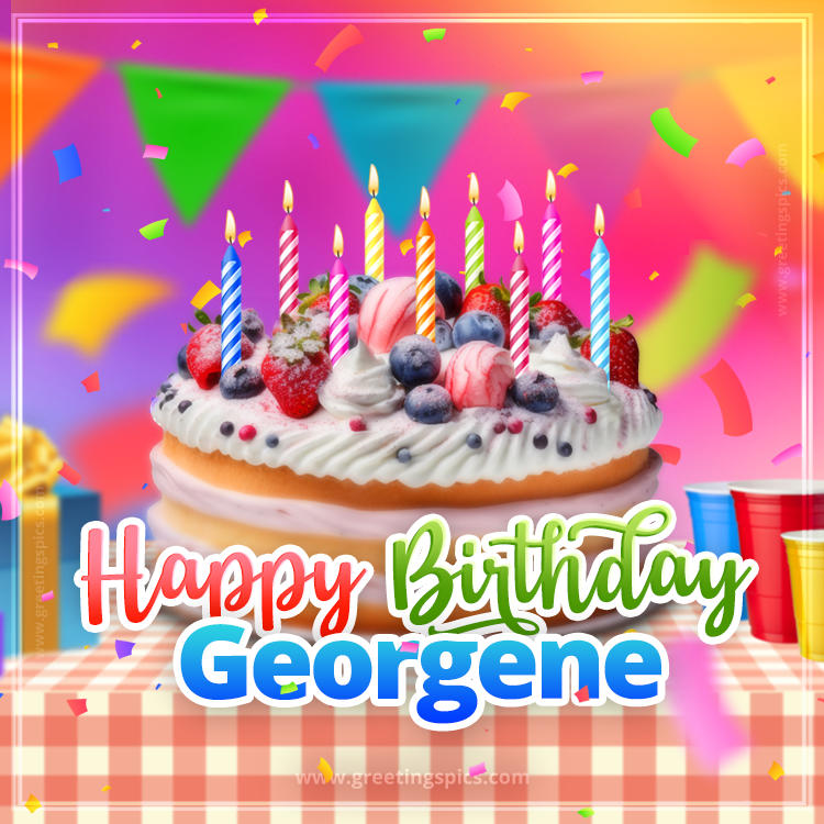 Happy Birthday Georgene Colorful Image with fruit cake and candles (square shape image)