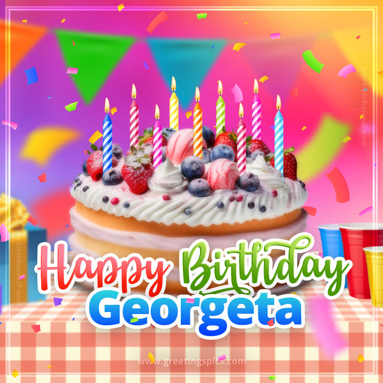 Happy Birthday Georgeta Colorful Image with fruit cake and candles (square shape image)