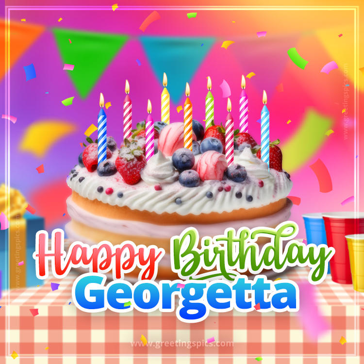 Happy Birthday Georgetta Colorful Image with fruit cake and candles (square shape image)