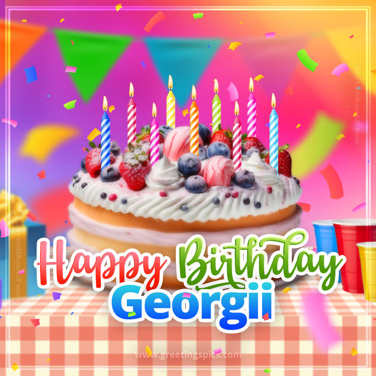 Happy Birthday Georgii Colorful Image with fruit cake and candles (square shape image)