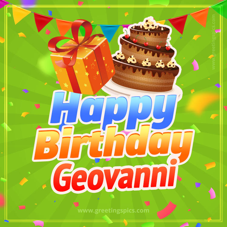 Happy Birthday Geovanni picture with flags, chocolate cake and gift box (square shape image)