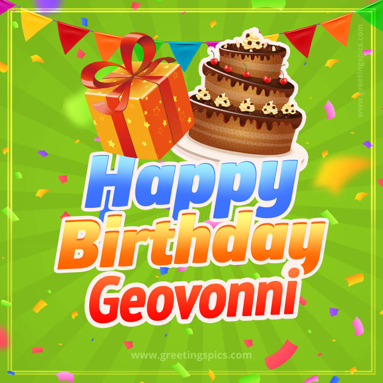 Happy Birthday Geovonni picture with flags, chocolate cake and gift box (square shape image)