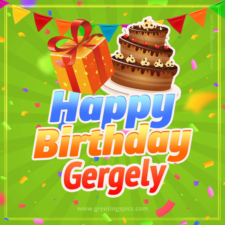 Happy Birthday Gergely picture with flags, chocolate cake and gift box (square shape image)