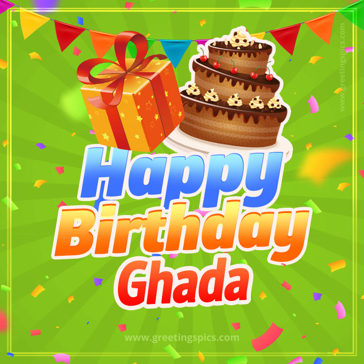 Happy Birthday Ghada picture with flags, chocolate cake and gift box (square shape image)