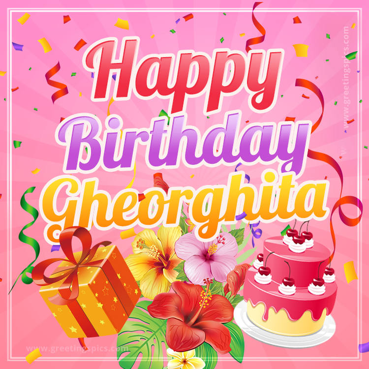 Beautiful Birthday Card for Gheorghita with Cake and bouquet of flowers (square shape image)