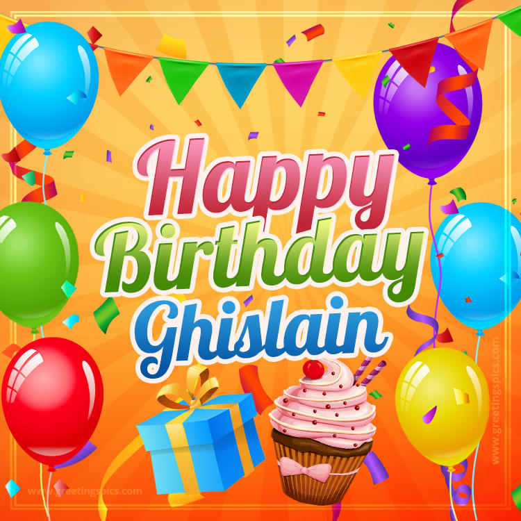 Happy Birthday Ghislain eCard with gift box and cupcake (square shape image)