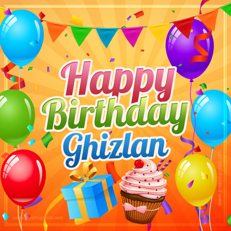 Happy Birthday Ghizlan eCard with gift box and cupcake (square shape image)