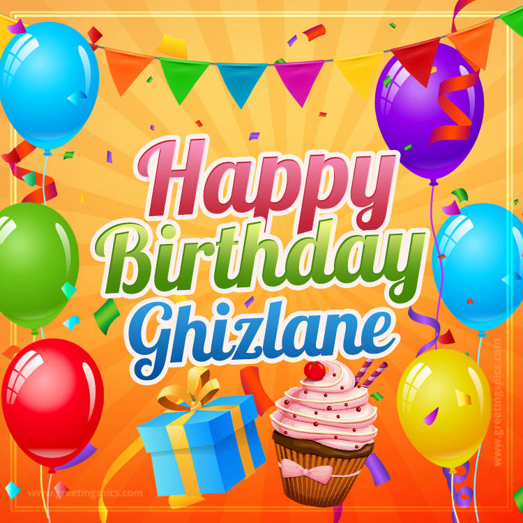 Happy Birthday Ghizlane eCard with gift box and cupcake (square shape image)