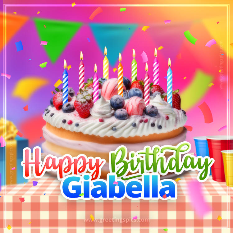 Happy Birthday Giabella Colorful Image with fruit cake and candles (square shape image)