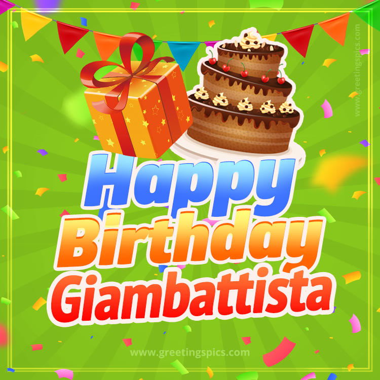 Happy Birthday Giambattista picture with flags, chocolate cake and gift box (square shape image)