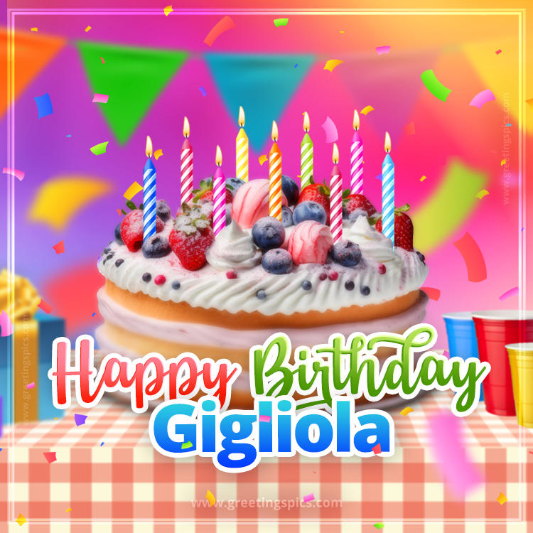 Happy Birthday Gigliola Colorful Image with fruit cake and candles (square shape image)
