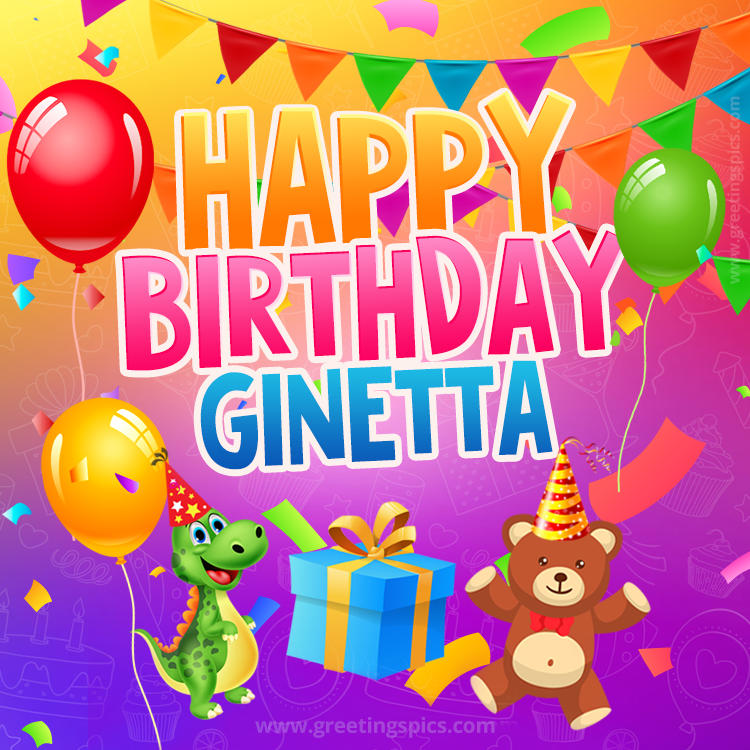 Happy Birthday Ginetta Image for a child with cute dinosaur and bear (square shape image)