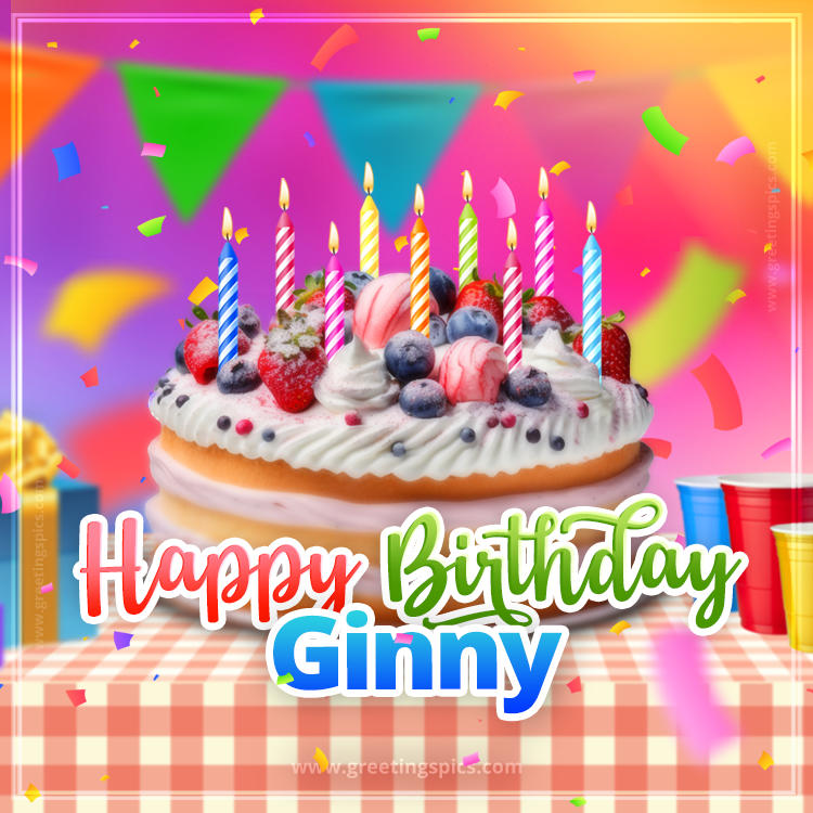 Happy Birthday Ginny Colorful Image with fruit cake and candles (square shape image)