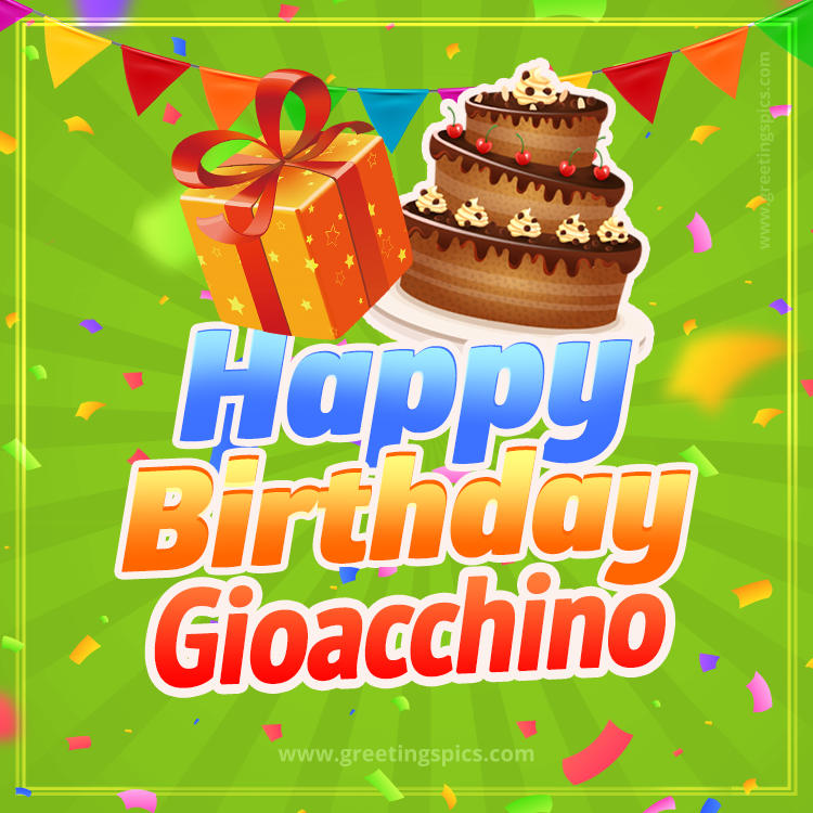 Happy Birthday Gioacchino picture with flags, chocolate cake and gift box (square shape image)